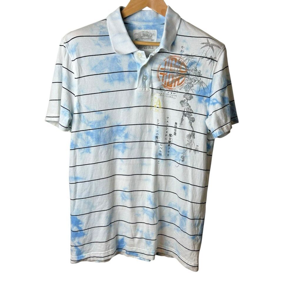 Aeropostale Polo Shirt Size Large White Stripe Collared Tye Dye Asian Script